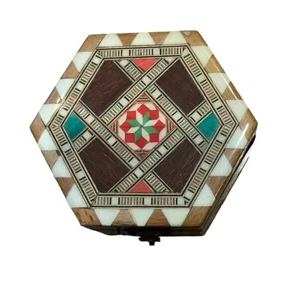VTG Octagonal Lidded Trinket Jewelry Keepsake Box Red Inside Marquetry Inlaid - Picture 2 of 8